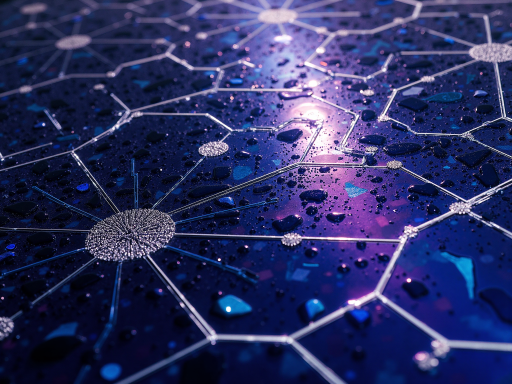 抽象科技概念图,蓝色光线构成的网络节点,象征着连接和智能,背景渐变从深蓝到浅蓝,充满未来感